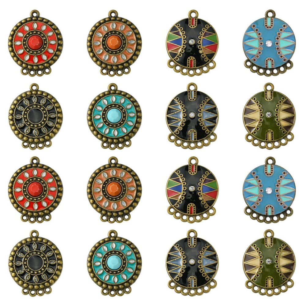2081 16pcs 8 Styles Enamel Boho Charmss Antique Bronze Flat Round Connector